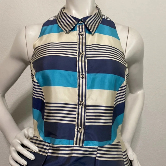 Eva by Eva Franco Blue/White Striped Collared Button Front Pleated Dress Size 4 - Picture 2 of 8